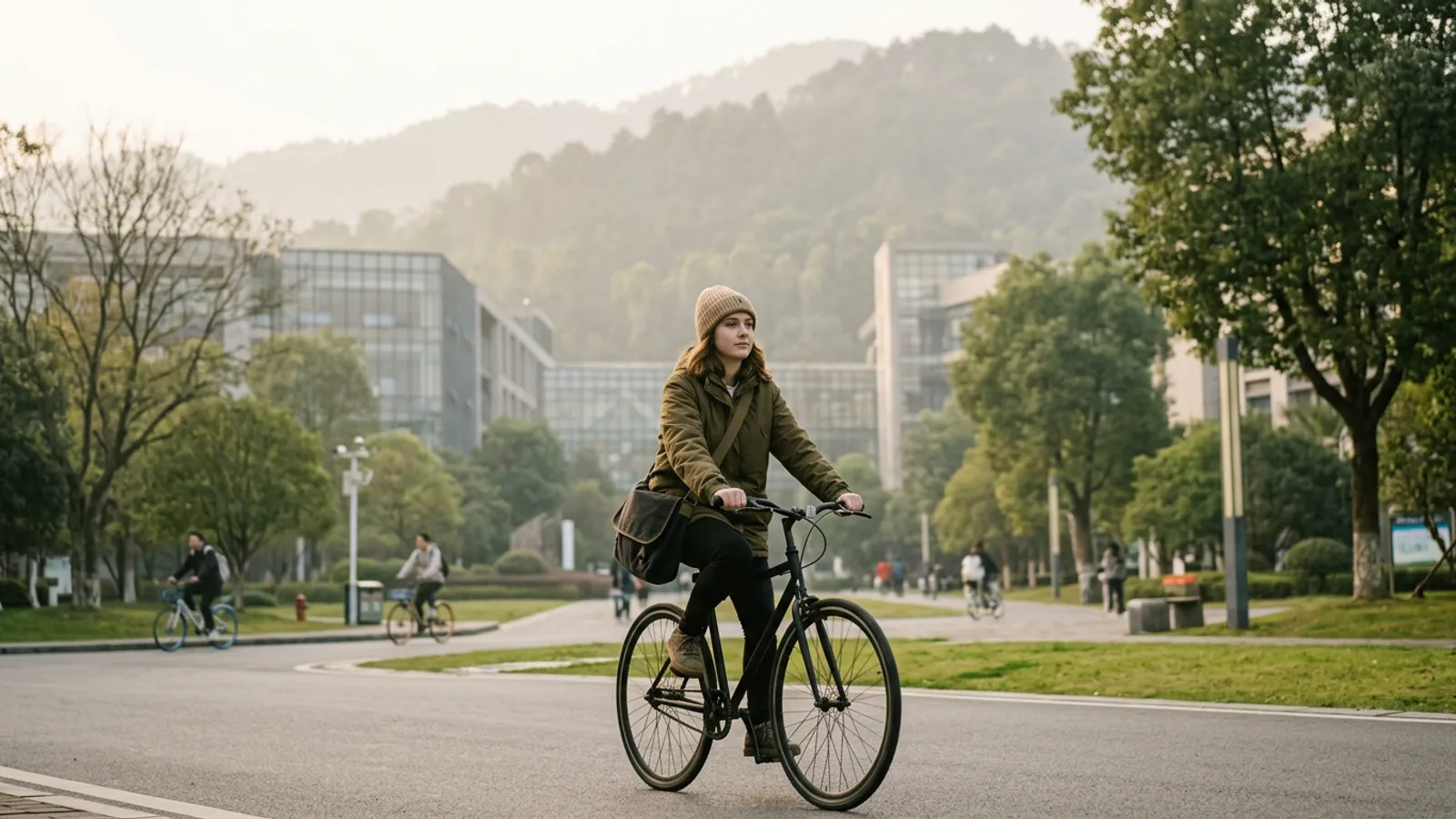 Student cycling across a modern Chinese university campus in Chengdu with a green mountain ridge behind