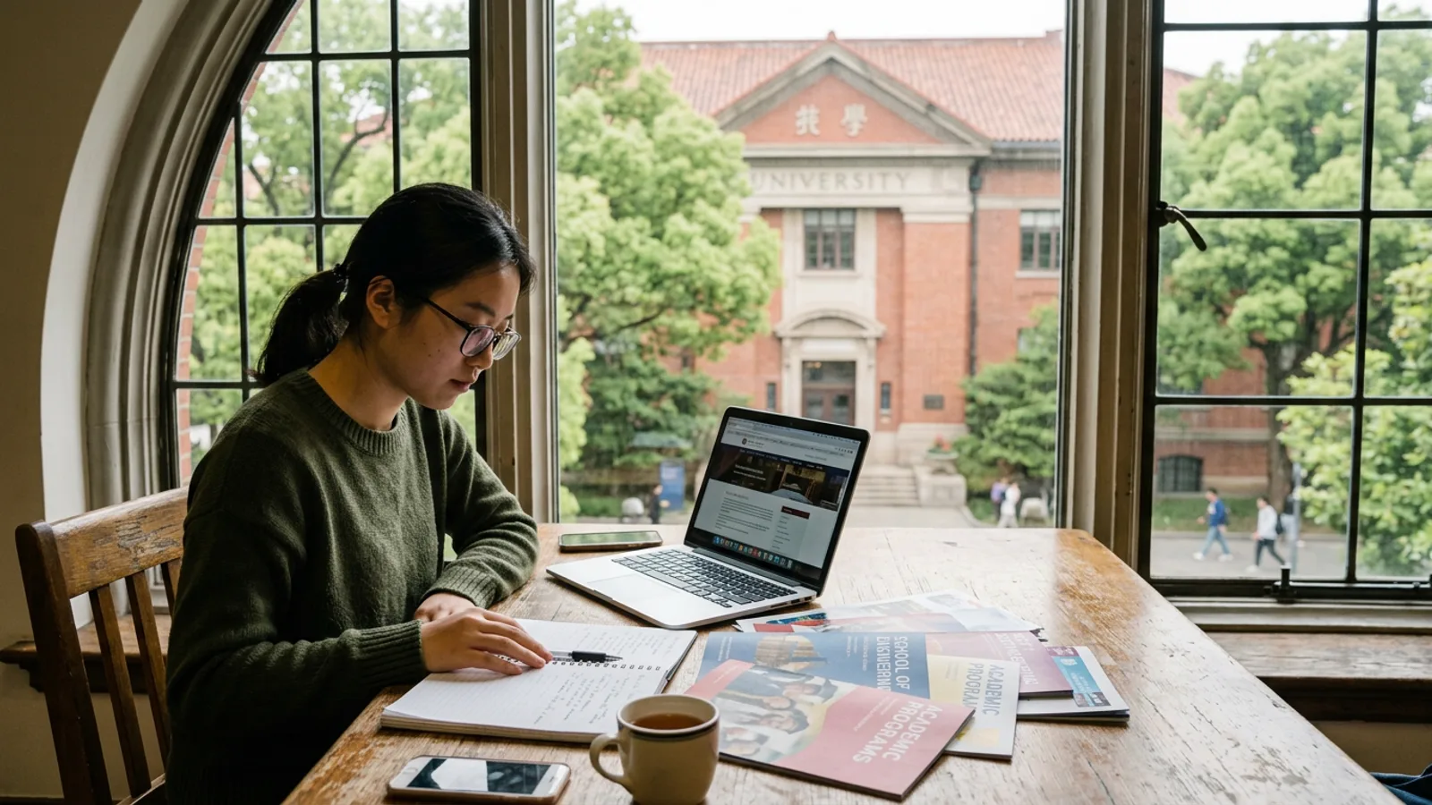 Student planning a Chinese university application with brochures and a laptop