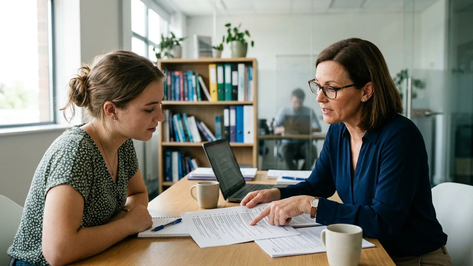 Adviser and student reviewing a shortlist of degree programmes together