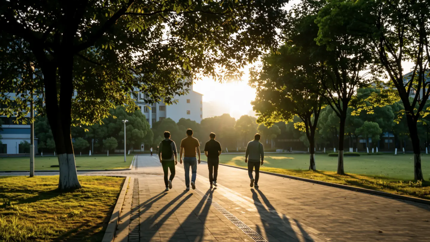 傍晚时分，留学生结伴走在中国大学校园的林荫道上